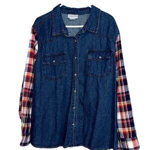 Country Store Denim Shirt With Plaid Sleeves Button-Down 3X 100% Cotton Womens